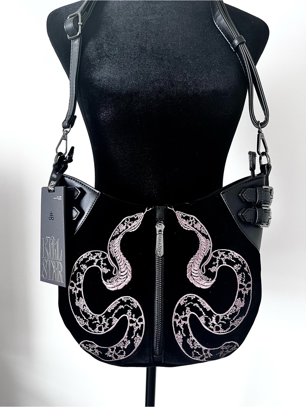 Killstar Adder Crossbody Bag Black Velvet Mauve Snake Embroidery Goth Serpent